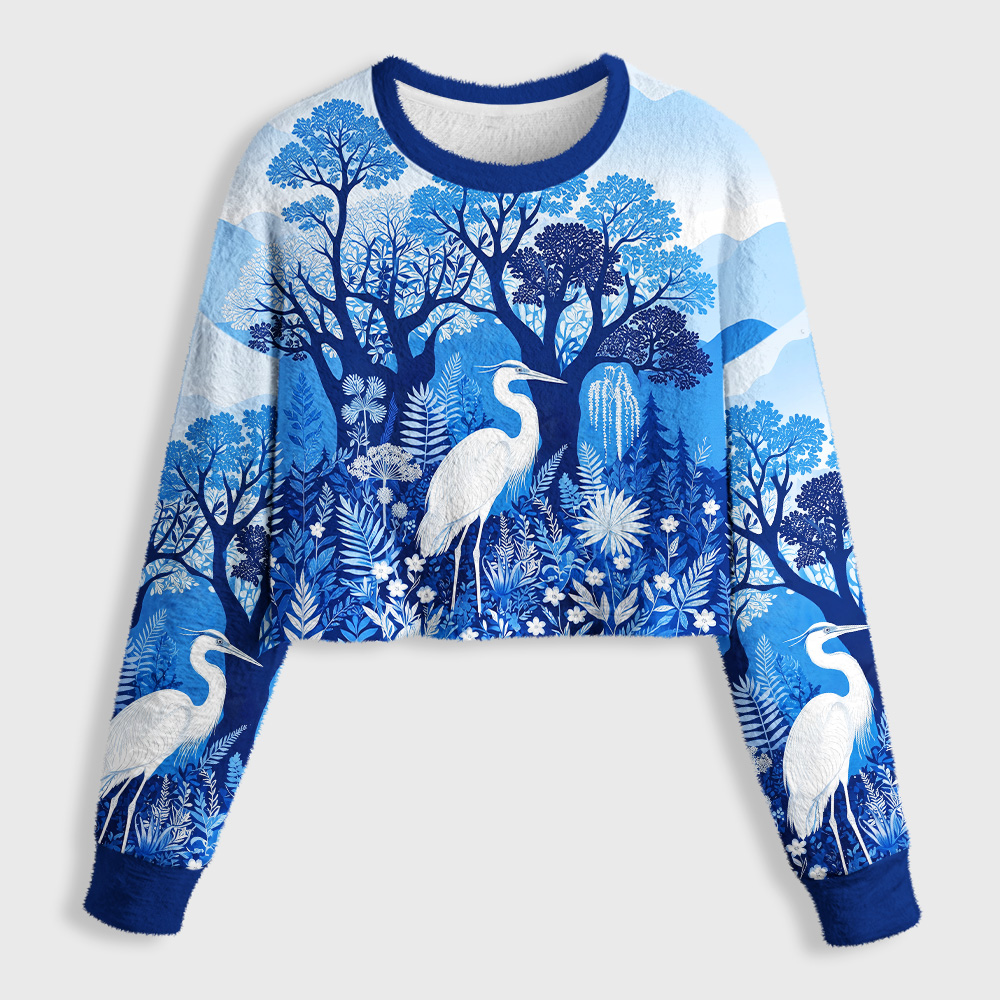 Tokyo-Tiger Blue Forest White Heron Women's Fuzzy Cropped Sweatshirt