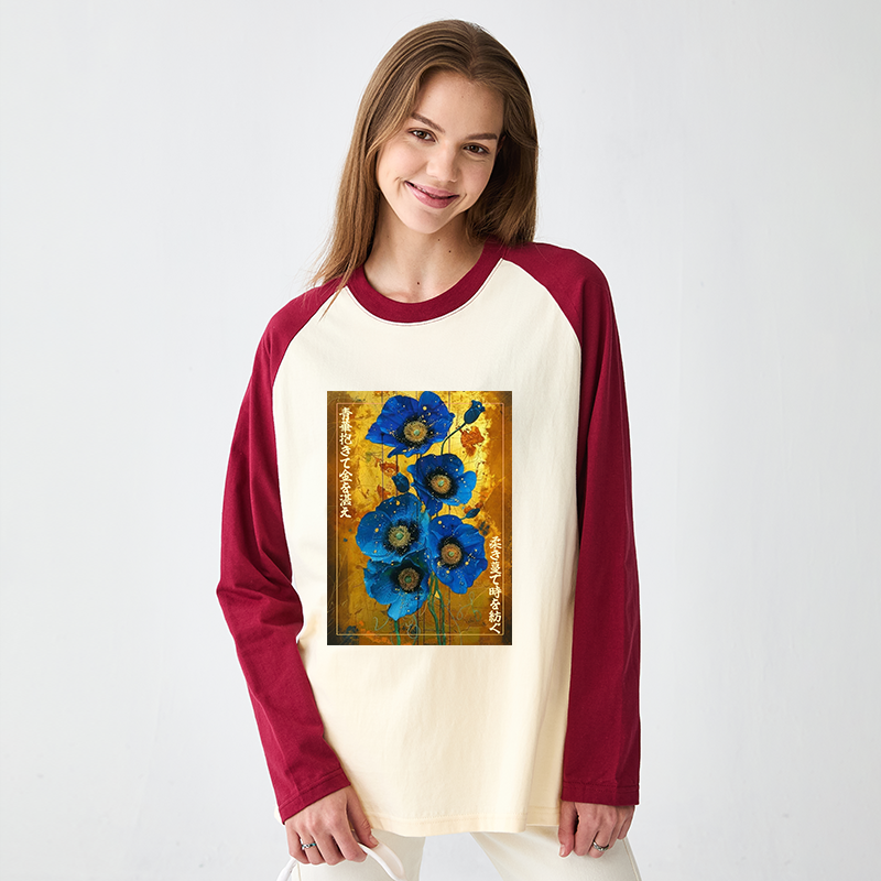 Tokyo-Tiger Shiny Blue Flower Warm Golden Background Raglan Long Sleeve T-shirt