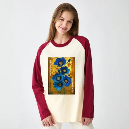 Tokyo-Tiger Shiny Blue Flower Warm Golden Background Raglan Long Sleeve T-shirt