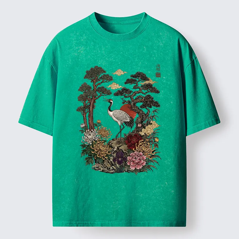 Tokyo-Tiger Vintage Crane Pine Tree Art Washed T-Shirt