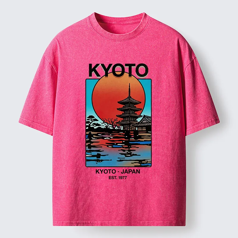 Tokyo-Tiger Japanese Temple Sunset Art Washed T-Shirt
