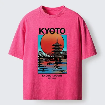 Tokyo-Tiger Japanese Temple Sunset Art Washed T-Shirt