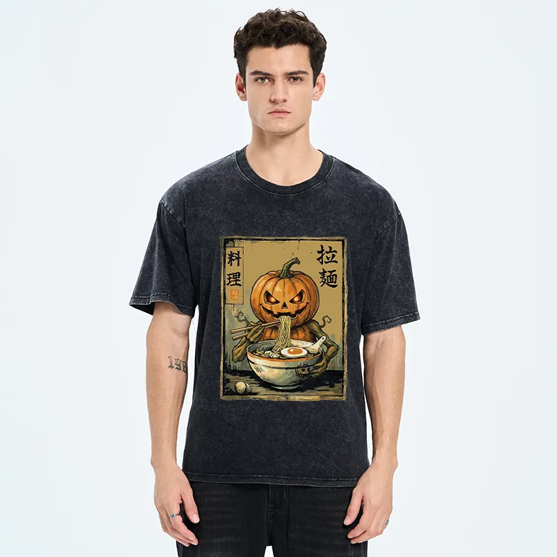 Tokyo‑Tiger Pumpkin Eating Ramen Washed T‑Shirt