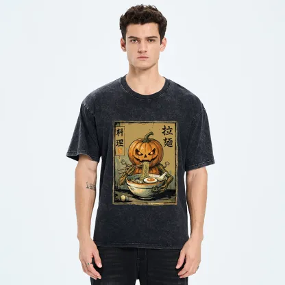 Tokyo‑Tiger Pumpkin Eating Ramen Washed T‑Shirt