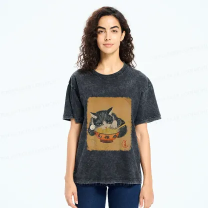 Tokyo-Tiger Vintage Black Cat Eat Ramen Washed T-Shirt