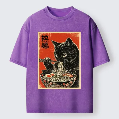 Tokyo-Tiger Japanese Ramen Cat Art Washed T-Shirt