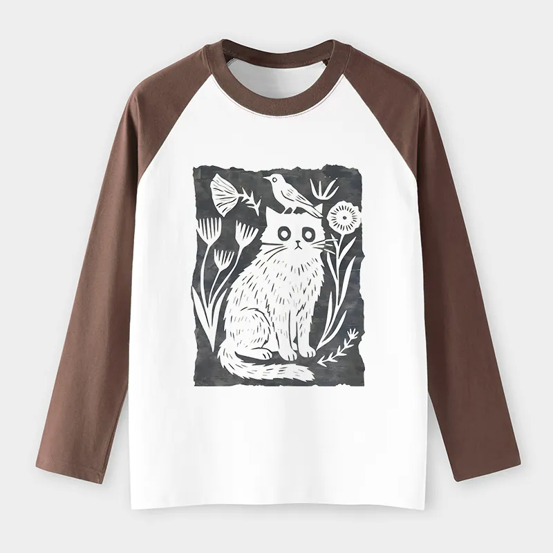 Tokyo-Tiger Folk Paper Cut Cat Bird Floral Art Raglan Long Sleeve T-shirt