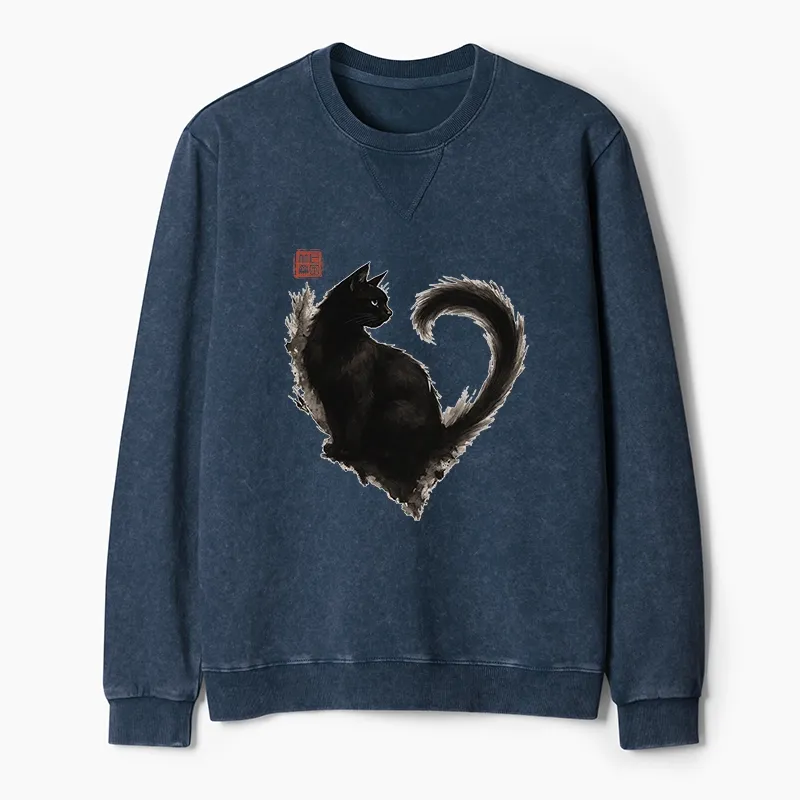 Tokyo-Tiger Funny Heart-Shaped Ink Cat Washed Terry Sweatshirt