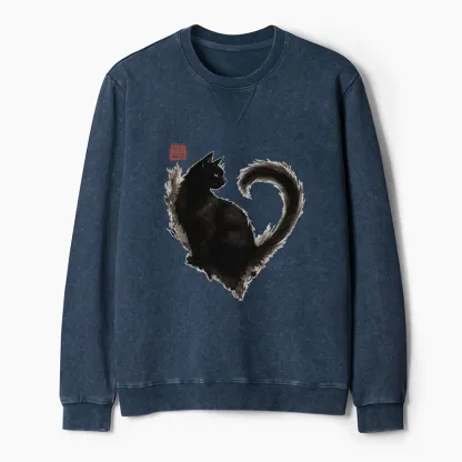 Tokyo-Tiger Funny Heart-Shaped Ink Cat Washed Terry Sweatshirt
