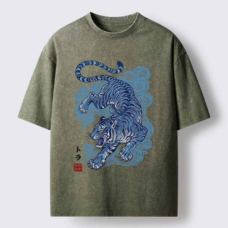 Tokyo-Tiger Japanese Blue Tiger Wave Art Washed T-Shirt