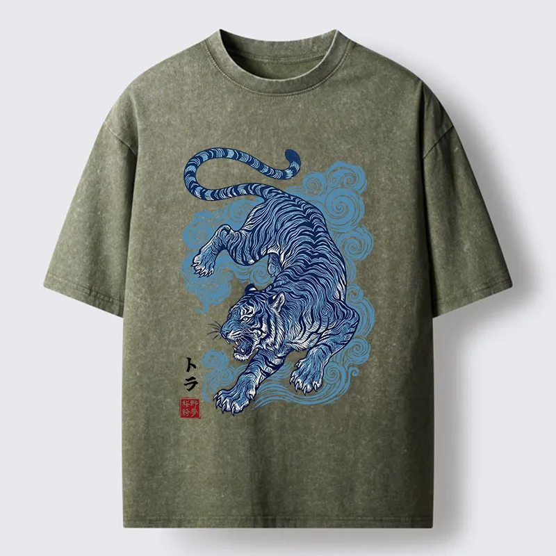 Tokyo-Tiger Japanese Blue Tiger Wave Art Washed T-Shirt