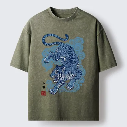 Tokyo-Tiger Japanese Blue Tiger Wave Art Washed T-Shirt