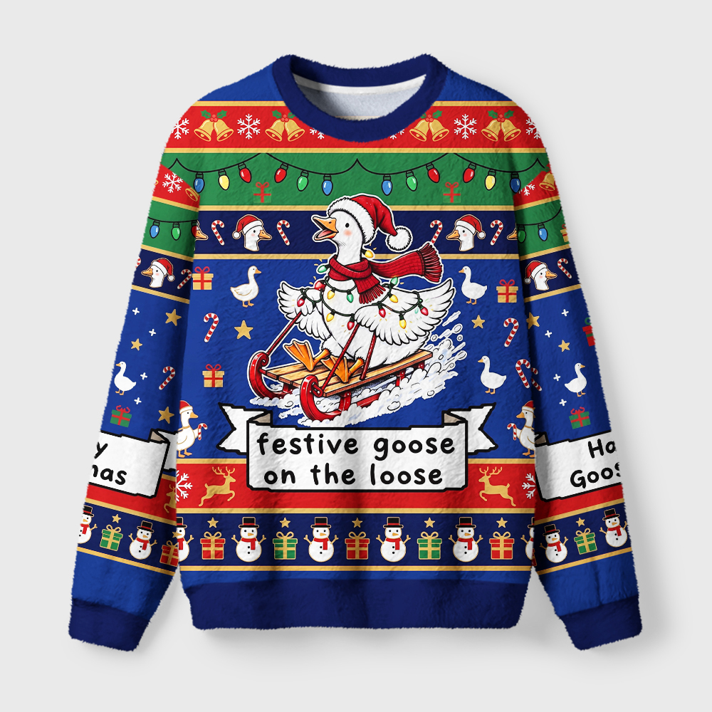 Tokyo-Tiger Funny Christmas Lights Goose Fuzzy Christmas Ugly Sweatshirt