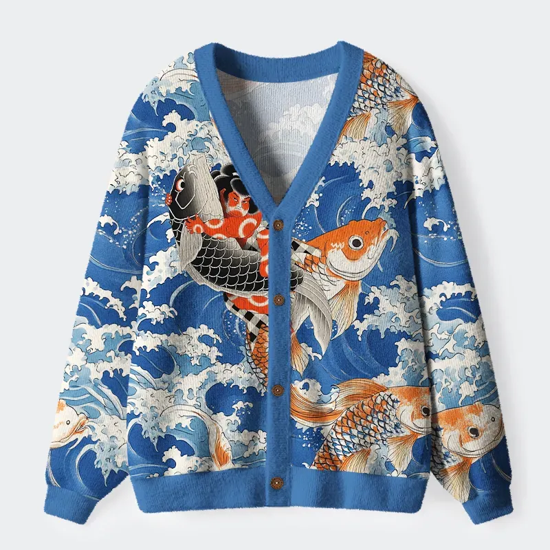 Tokyo-Tiger Sumo Wrestler Holding A Koi Ugly Cardigan Sweater