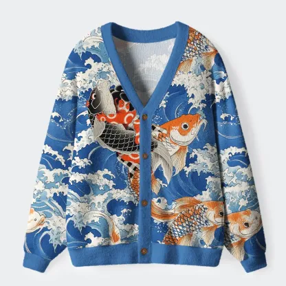 Tokyo-Tiger Sumo Wrestler Holding A Koi Ugly Cardigan Sweater