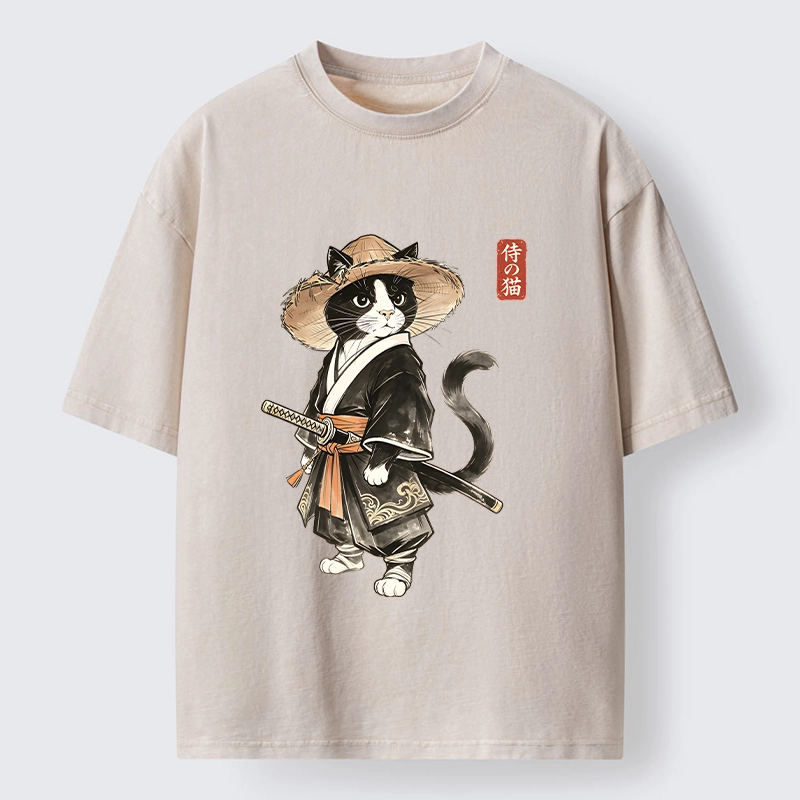 Tokyo‑Tiger Funny Samurai Cute Cat Washed T‑Shirt