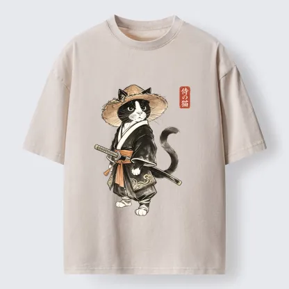 Tokyo‑Tiger Funny Samurai Cute Cat Washed T‑Shirt