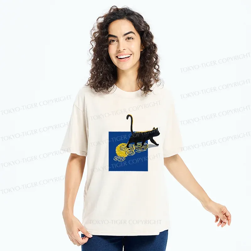 Tokyo-Tiger Black Cat Under The Moon Washed T-Shirt