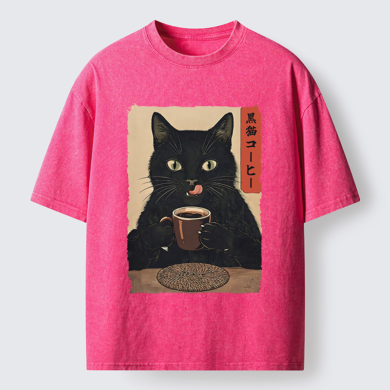 Tokyo-Tiger Vintage Black Cat Coffee Art Washed T-Shirt