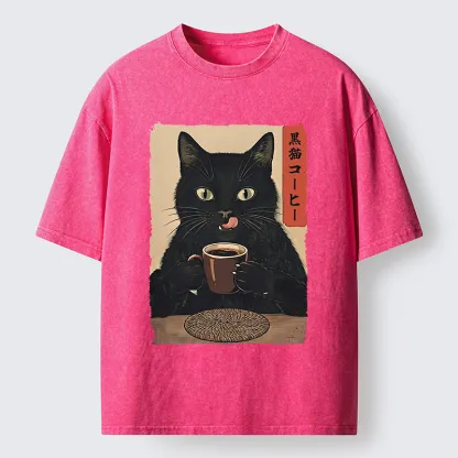 Tokyo-Tiger Vintage Black Cat Coffee Art Washed T-Shirt