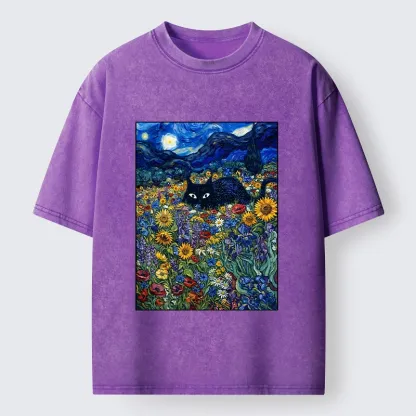 Tokyo‑Tiger Starry Night Cat Washed T‑Shirt