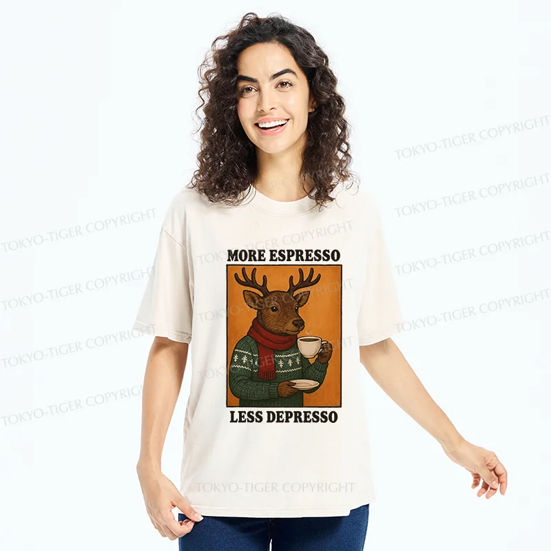 Tokyo-Tiger Reindeer Drinking Coffee Washed T-Shirt