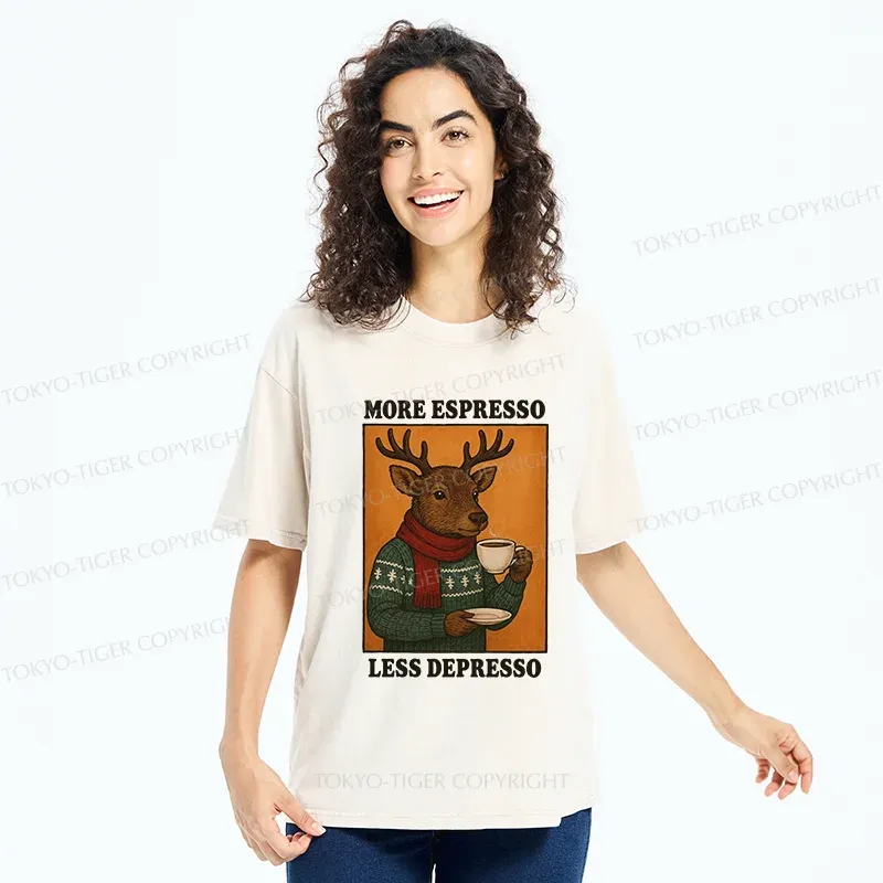 Tokyo-Tiger Reindeer Drinking Coffee Washed T-Shirt