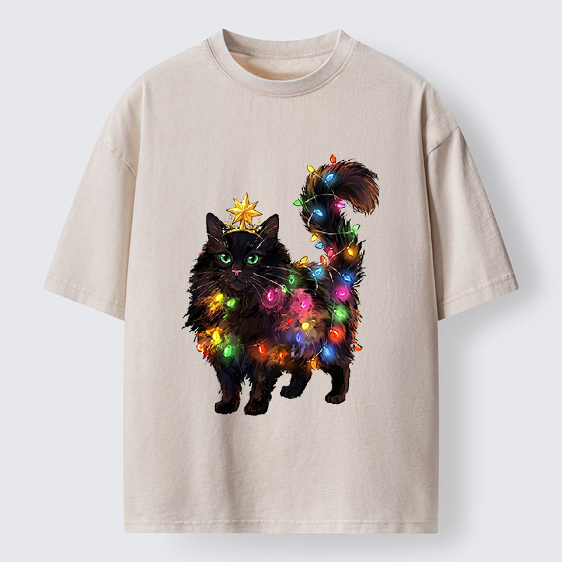Tokyo-Tiger Christmas Black Cat With Star Crown Washed T-Shirt