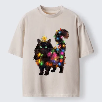 Tokyo-Tiger Christmas Black Cat With Star Crown Washed T-Shirt