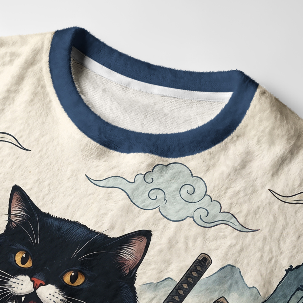 Tokyo-Tiger Kimono Samurai Cat Fuzzy Christmas Ugly Sweatshirt