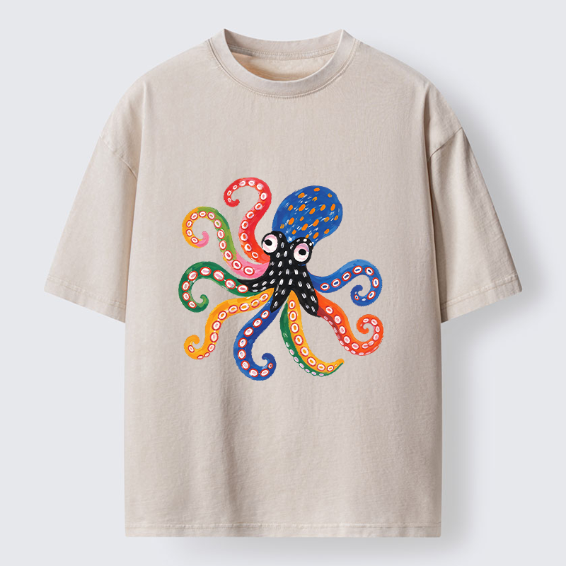 Tokyo‑Tiger Bright Rainbow Octopus Washed T‑Shirt Sale
