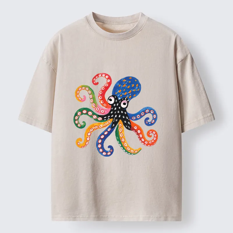 Tokyo-Tiger Bright Rainbow Octopus Washed T-Shirt