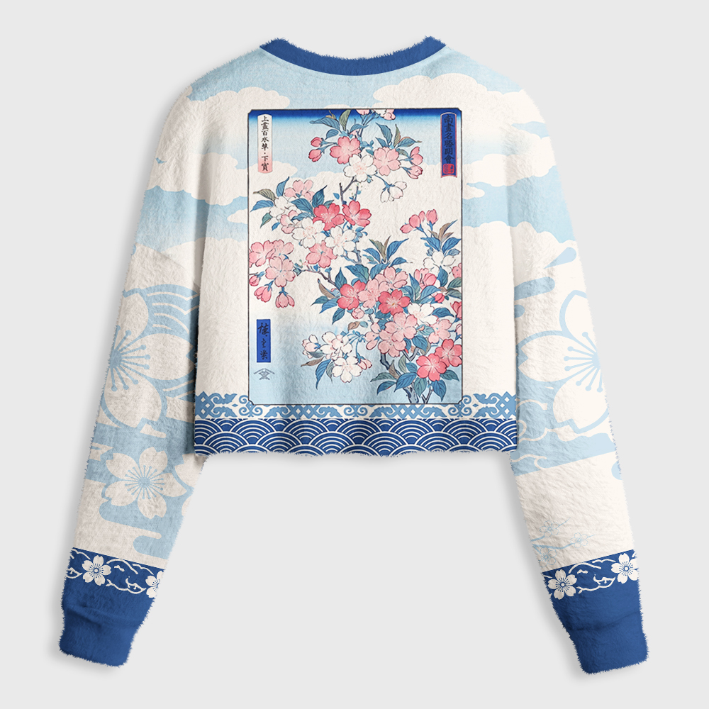 Tokyo-Tiger Japanese Sakura Floral Women's Fuzzy Cropped Sweatshirt