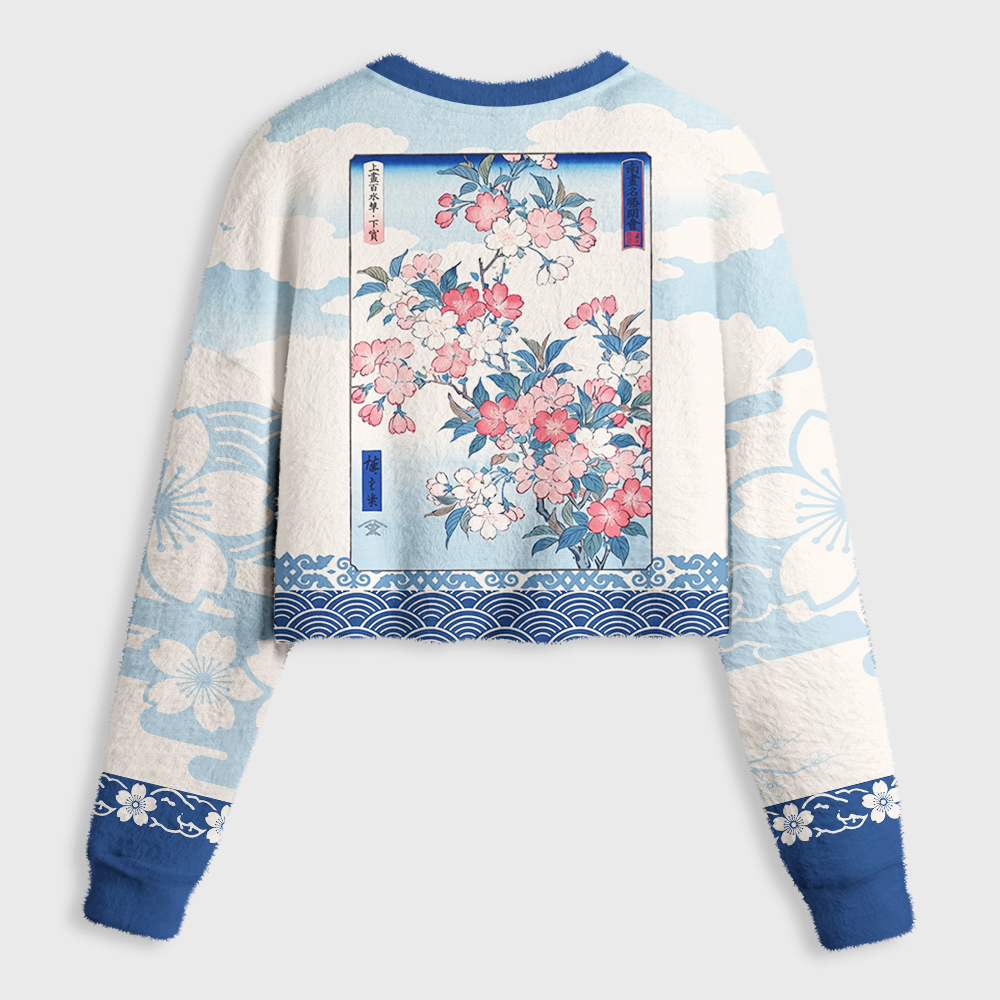 Tokyo-Tiger Japanese Sakura Floral Women's Fuzzy Cropped Sweatshirt