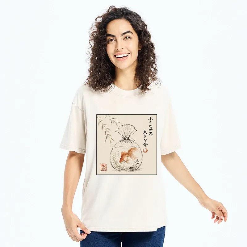 Tokyo-Tiger Goldfish Bag Minimal Ink Art Washed T-Shirt