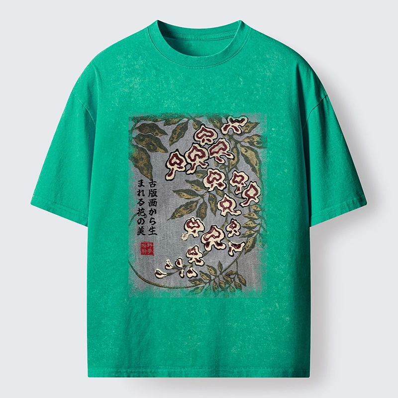 Tokyo‑Tiger Retro Vine Blossom Washed T‑Shirt