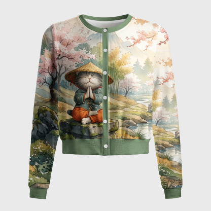 Tokyo-Tiger Zen Relax Cat Graphic Women's Lightweight Cardigan