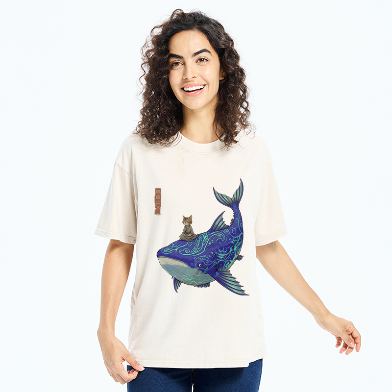 Tokyo-Tiger Cat Riding A Whale Washed T-Shirt