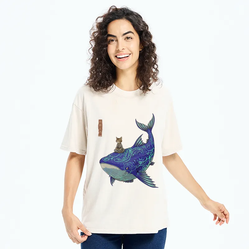 Tokyo-Tiger Cat Riding A Whale Washed T-Shirt