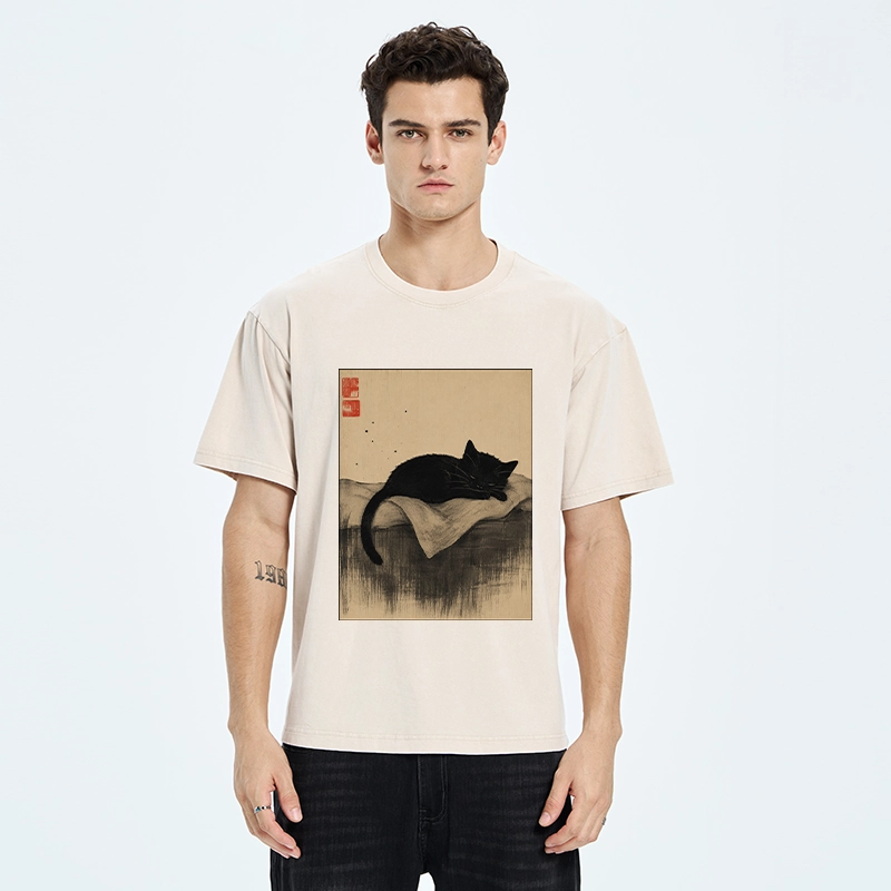 Tokyo-Tiger Sleeping Black Cat In Ink Wash Style Washed T-Shirt