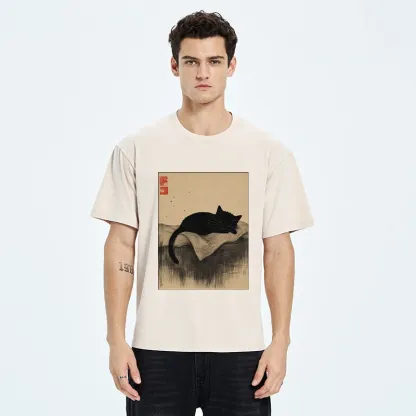 Tokyo-Tiger Sleeping Black Cat In Ink Wash Style Washed T-Shirt