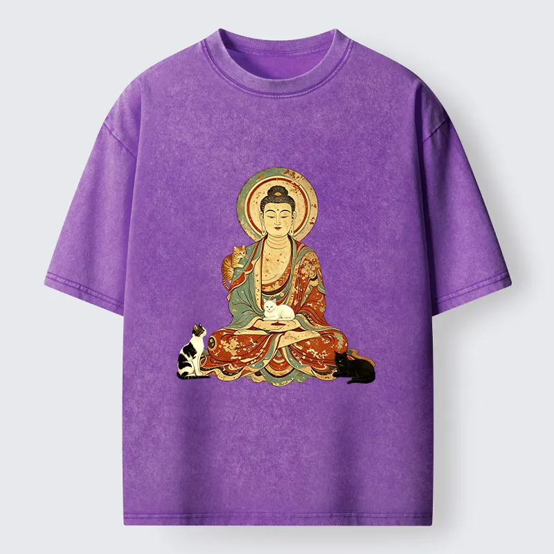 Tokyo-Tiger Buddha And Cats Art Washed T-Shirt