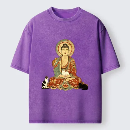 Tokyo-Tiger Buddha And Cats Art Washed T-Shirt