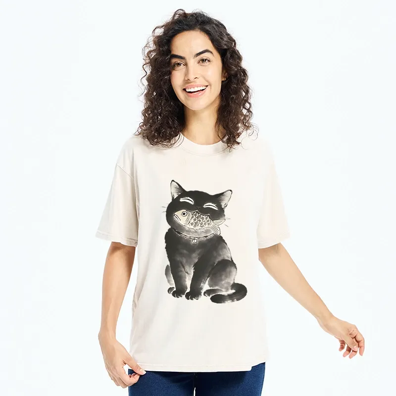 Tokyo-Tiger Black Cat Delightful Feast Washed T-Shirt