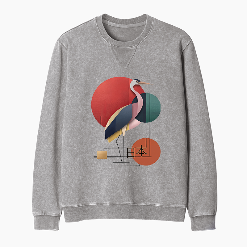 Tokyo-Tiger Geometric Crane Art Washed Terry Sweatshirt