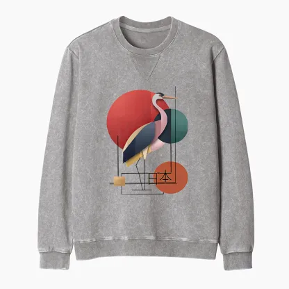 Tokyo-Tiger Geometric Crane Art Washed Terry Sweatshirt