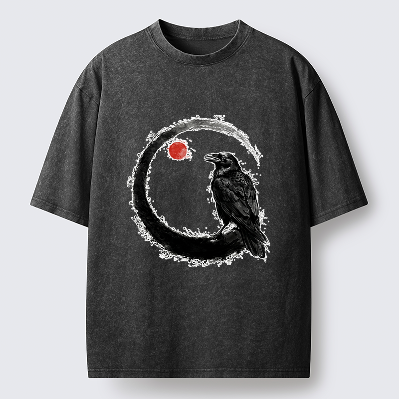 Tokyo-Tiger Japanese Circle Crow Scene Washed T-Shirt