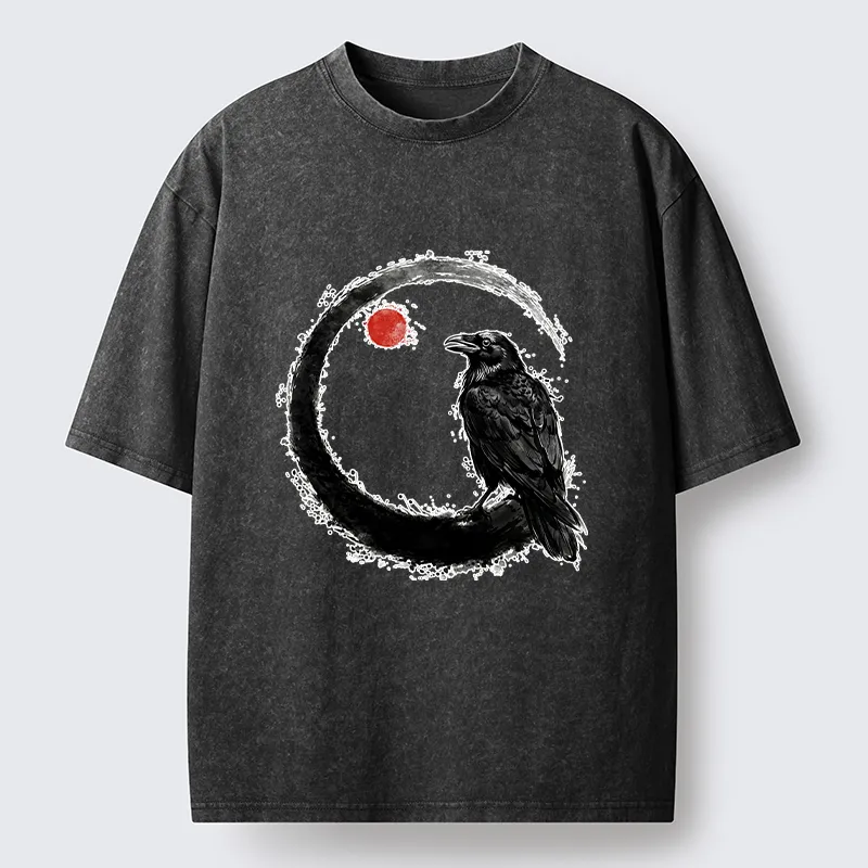 Tokyo-Tiger Japanese Circle Crow Scene Washed T-Shirt
