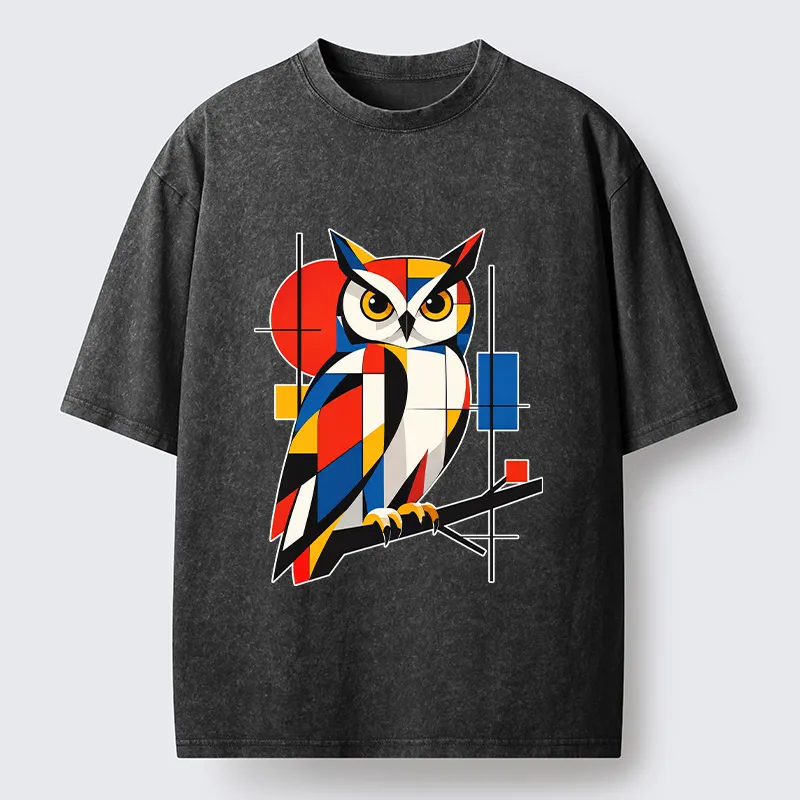 Tokyo‑Tiger Geometric Owl Art Meme Washed T‑Shirt Sale