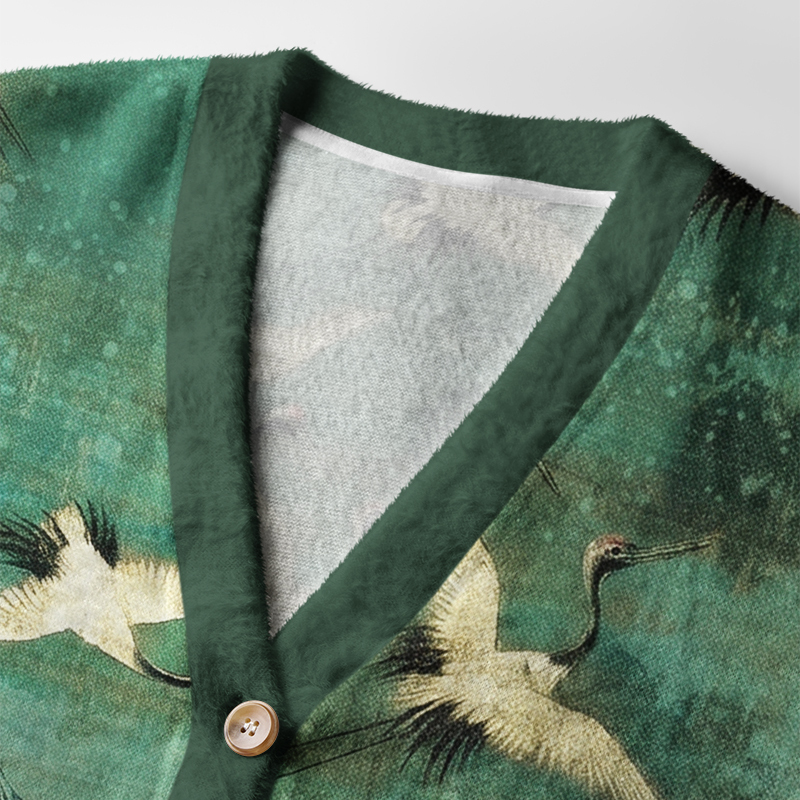 Tokyo-Tiger Vintage Chinese Scroll Crane Art Ugly Cardigan Sweater